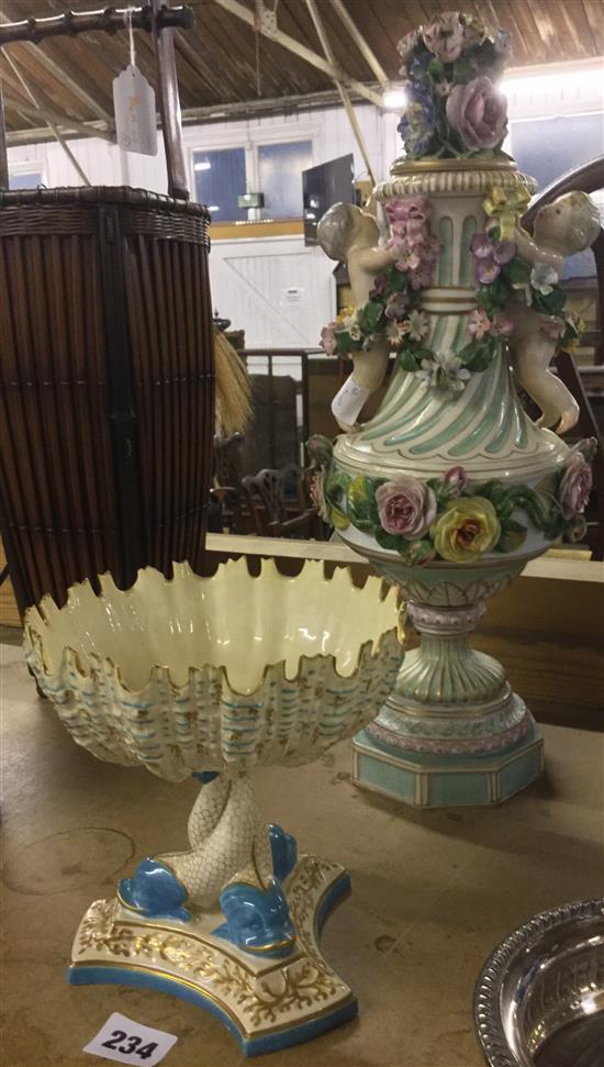 Royal Worcester dolphin dish and continental porcelain vase and cover